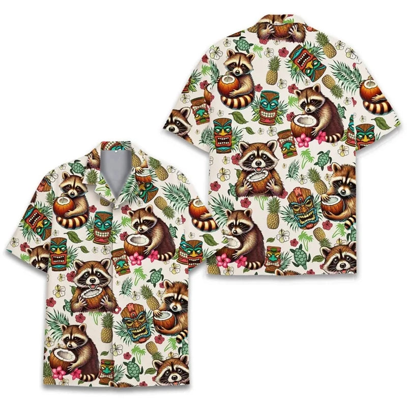 Polynesian Tiki Loose Breathable Men's Short Sleeved 3d Print Funny Raccoon Hawaii Shirts Beach Party Top Women Kid Tops Camisas