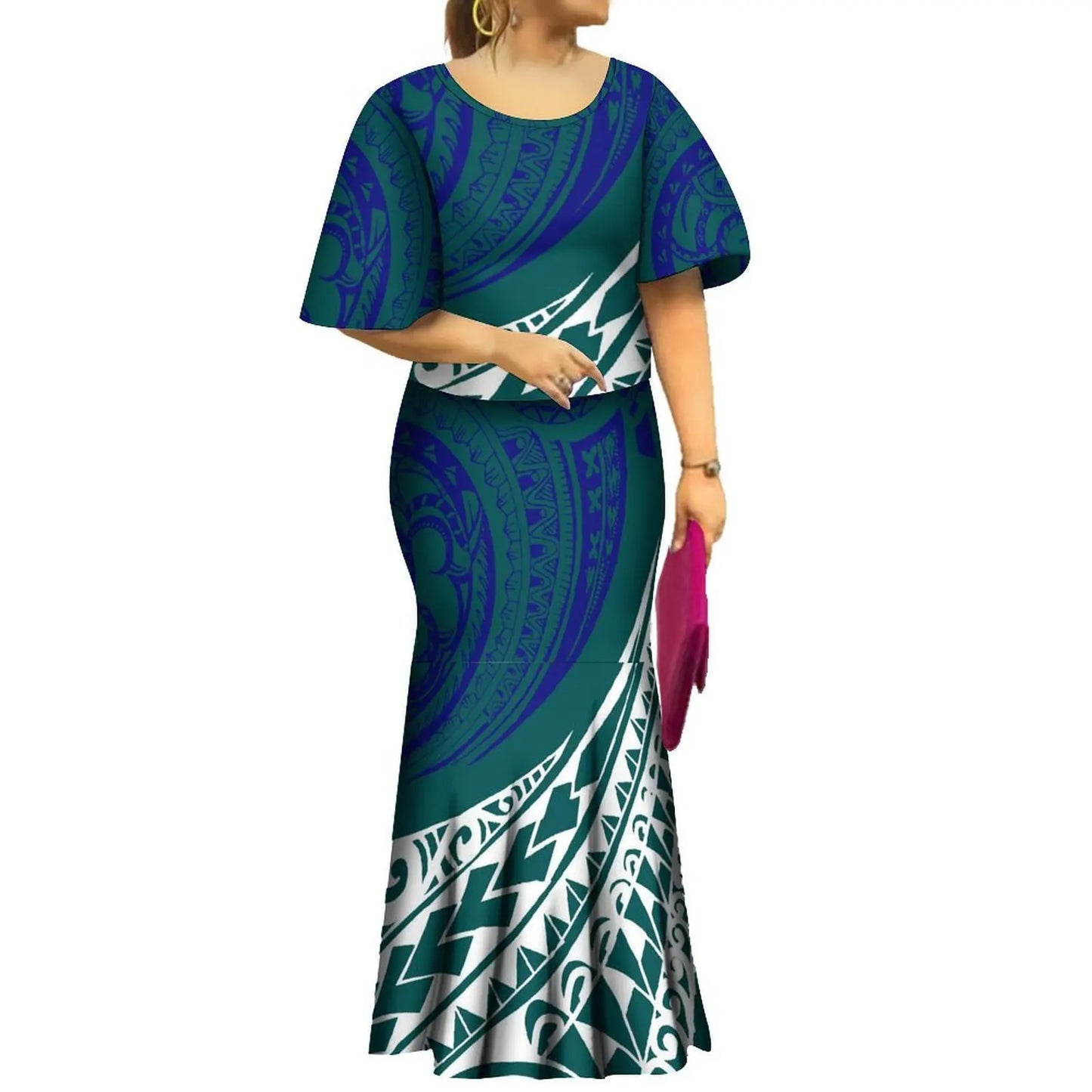 2024 New Summer  Print Plus Size Women Dresses  Polynesian Tribal Bell Sleeve Samoa Puletasi  Dress