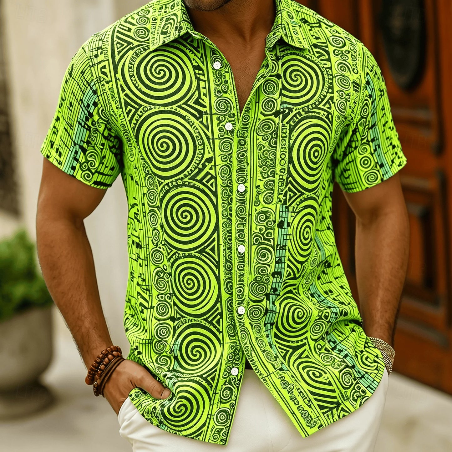 Men's Polynesian Tribal Print Short Sleeve Shirt, Bright Green Ethnic Style for Summer