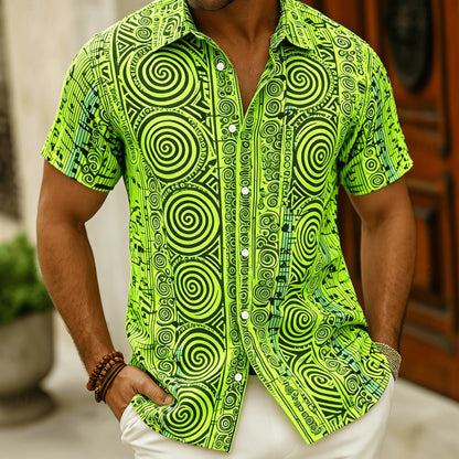 Men's Polynesian Tribal Print Short Sleeve Shirt, Bright Green Ethnic Style for Summer