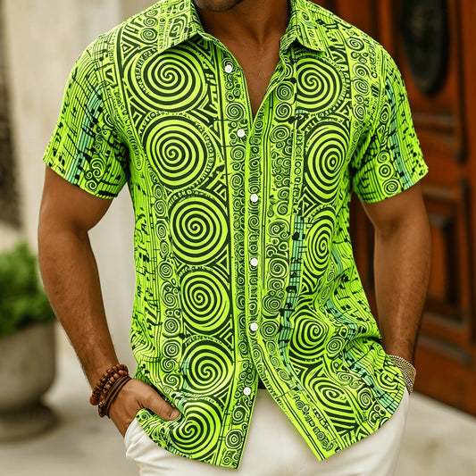 Men's Polynesian Tribal Print Short Sleeve Shirt, Bright Green Ethnic Style for Summer