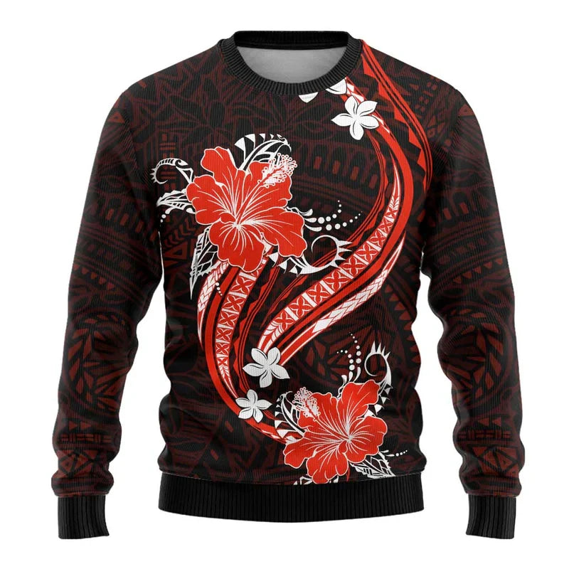Polynesian Flower Pattern Sweatshirt Men Women Crew Neck Long Sleeve Pullover Sweatshirts Fashion Trend Autumn Oversized Hoodie