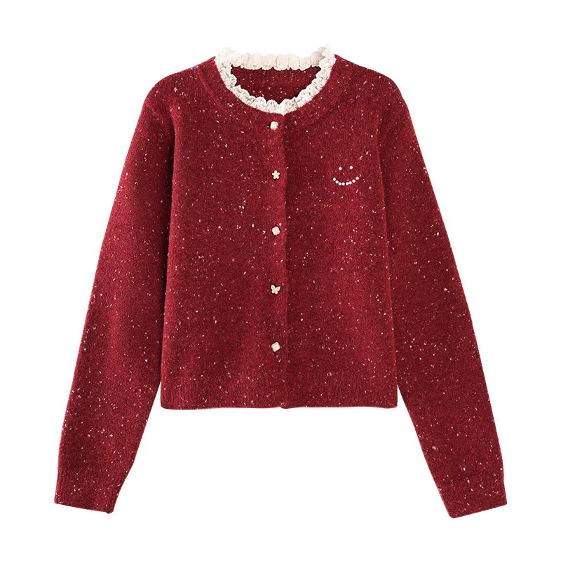 ALXNAN Red Cardigan Spliced Lace Collar Chic Pearl Buttons Cashmere Cardigan Women 2026 Christmas Burgundy Wool Sweater L52502
