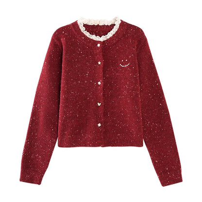 ALXNAN Red Cardigan Spliced Lace Collar Chic Pearl Buttons Cashmere Cardigan Women 2026 Christmas Burgundy Wool Sweater L52502