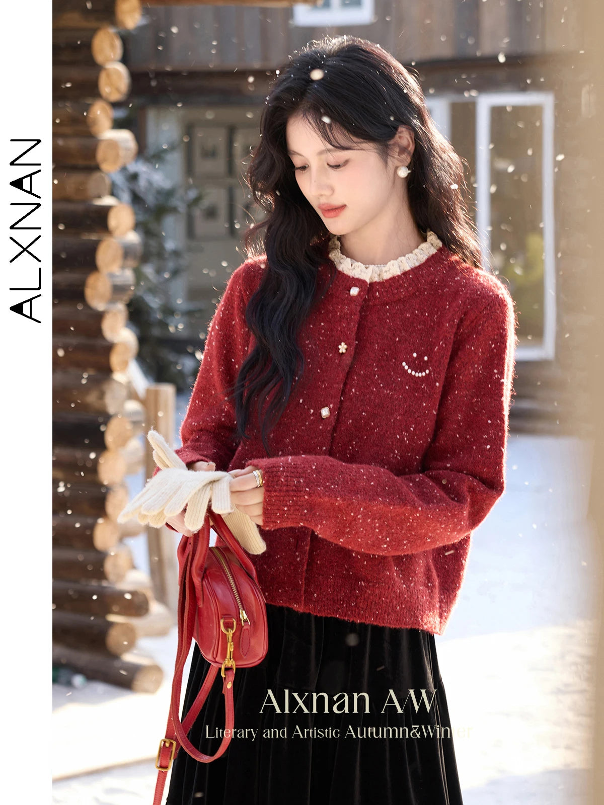 ALXNAN Red Cardigan Spliced Lace Collar Chic Pearl Buttons Cashmere Cardigan Women 2026 Christmas Burgundy Wool Sweater L52502