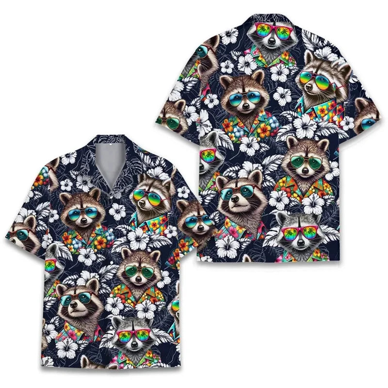 Polynesian Tiki Loose Breathable Men's Short Sleeved 3d Print Funny Raccoon Hawaii Shirts Beach Party Top Women Kid Tops Camisas
