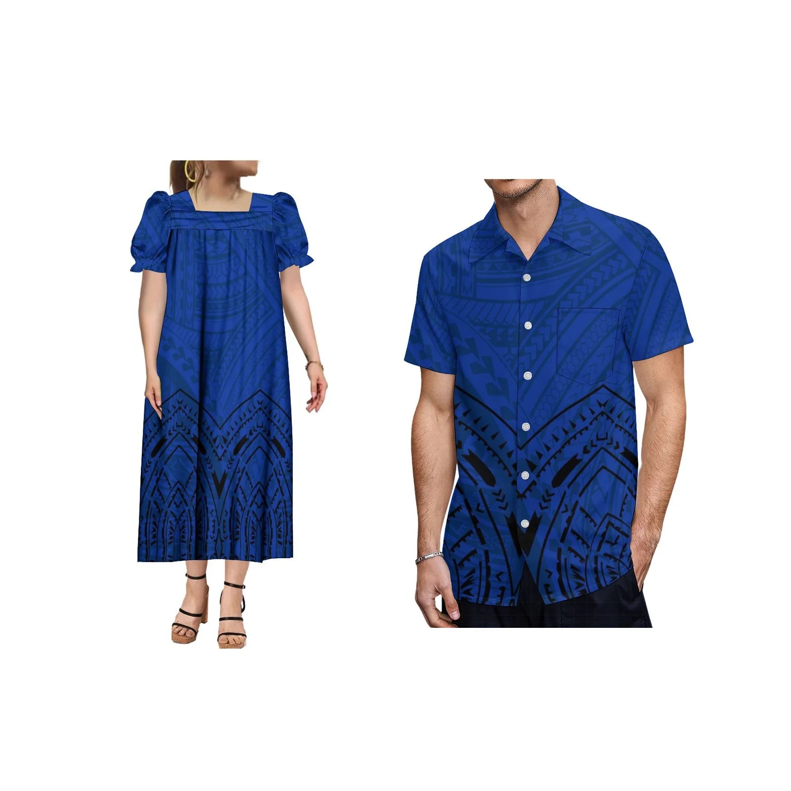 Polynesian Beach Couple Outfit Shirt And Midi Dress