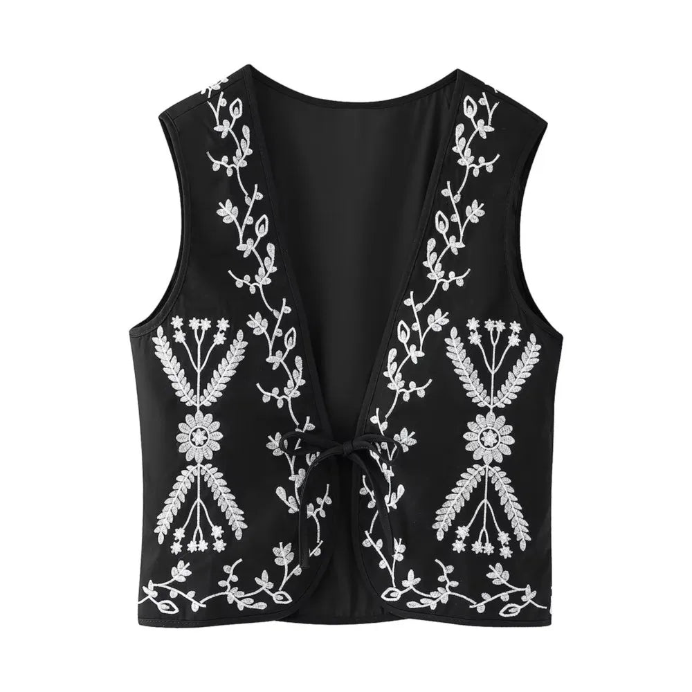 Ethnic V Neck Totem Flower Embroidery Waistcoat Women Front Tie Bow BOHO Sleeveless Quilted Vest Jacket Vacation Loose Tops
