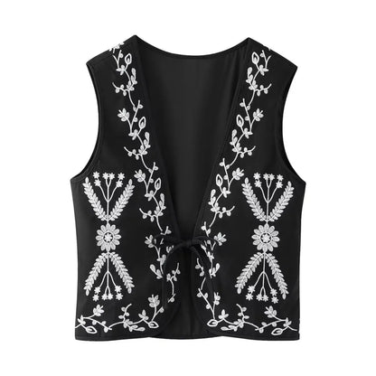 Ethnic V Neck Totem Flower Embroidery Waistcoat Women Front Tie Bow BOHO Sleeveless Quilted Vest Jacket Vacation Loose Tops