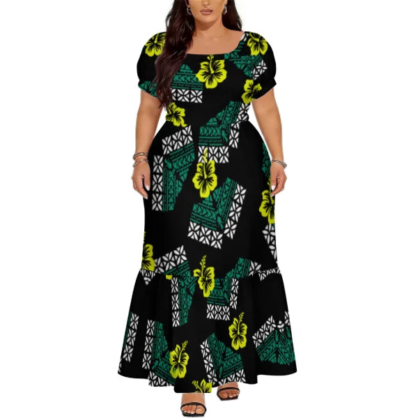 Polynesian Floral Puletasi Dress With Layered Sleeves