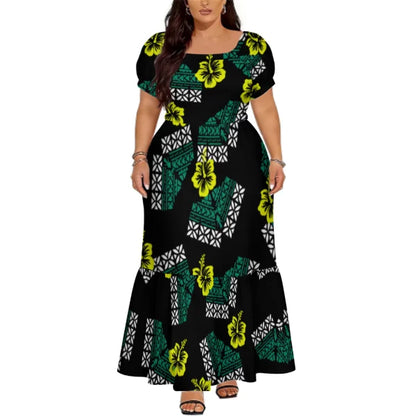 Polynesian Floral Puletasi Dress With Layered Sleeves