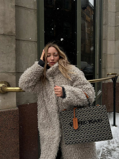 Gray Wool Faux Fur Shearling Long Coat for Women Winter 2025 Winter Fashion Trendy Teddy Maxi Coat Monki Curly Clean Fit Outwear