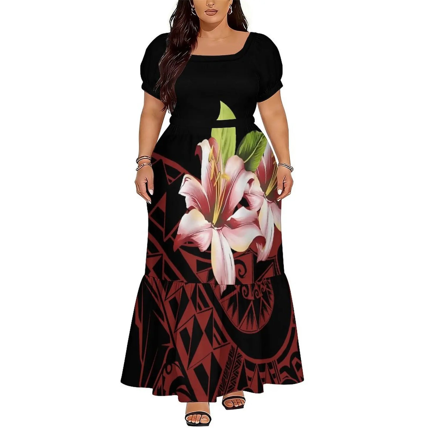 Polynesian Floral Puletasi Dress With Layered Sleeves
