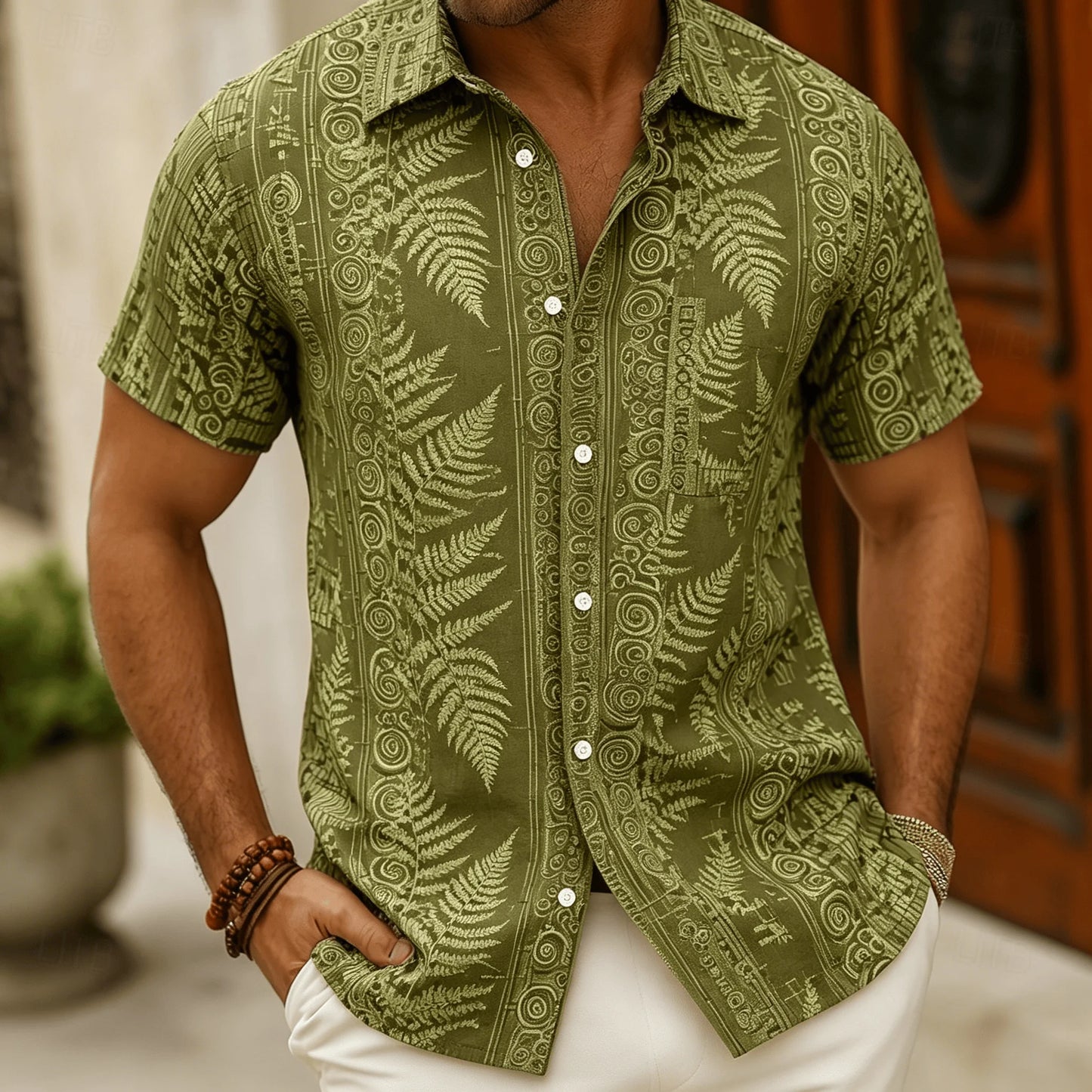 Men's Polynesian Tribal Print Short Sleeve Shirt, Bright Green Ethnic Style for Summer
