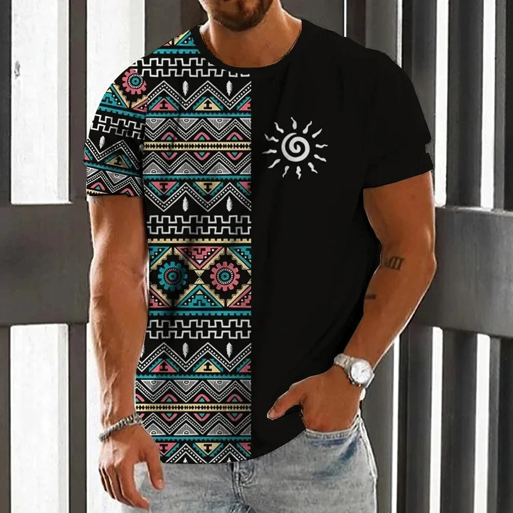 Vintage Ethnic Style Men's T-Shirt Summer Fashion 3D Printed Men's Short Sleeve Casual Loose Tops Street Trend Men's Clothing