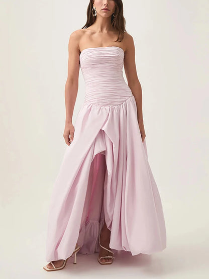 Sexy Strapless Printed Split Deign Long Bubble Dress Women Sleeveless Backless High Waist Patchwork Folds Dresses Evening Party