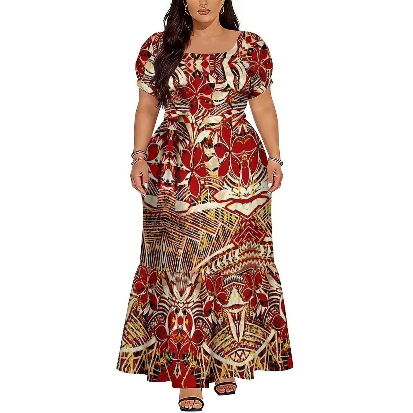 Polynesian Floral Puletasi Dress With Layered Sleeves