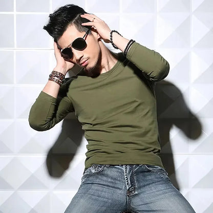 Men's Long Sleeve V Neck T Shirt 2026 MRMT Men T-shirt Slim Solid Tight Man T Shirt Tops Tees Clothing