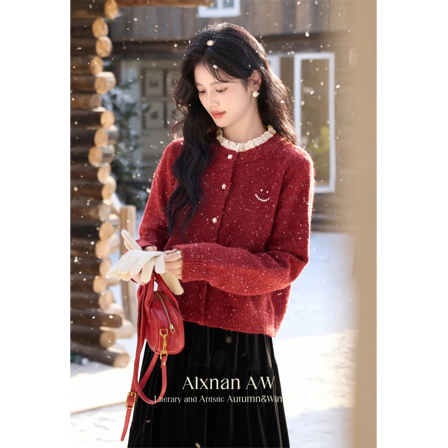 ALXNAN Red Cardigan Spliced Lace Collar Chic Pearl Buttons Cashmere Cardigan Women 2026 Christmas Burgundy Wool Sweater L52502