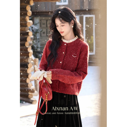 ALXNAN Red Cardigan Spliced Lace Collar Chic Pearl Buttons Cashmere Cardigan Women 2026 Christmas Burgundy Wool Sweater L52502