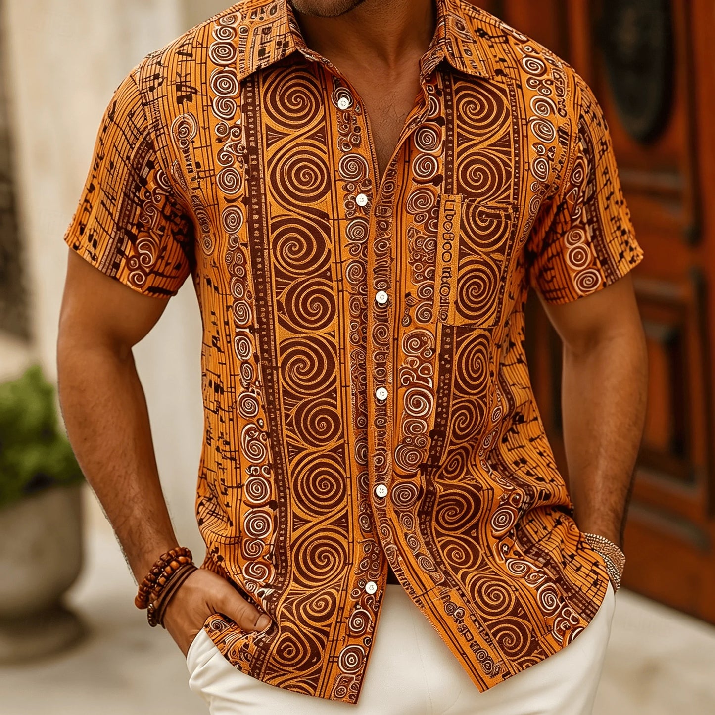 Men's Polynesian Tribal Print Short Sleeve Shirt, Bright Green Ethnic Style for Summer
