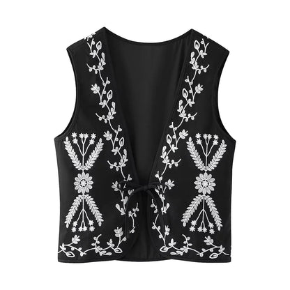 Ethnic V Neck Totem Flower Embroidery Waistcoat Women Front Tie Bow BOHO Sleeveless Quilted Vest Jacket Vacation Loose Tops